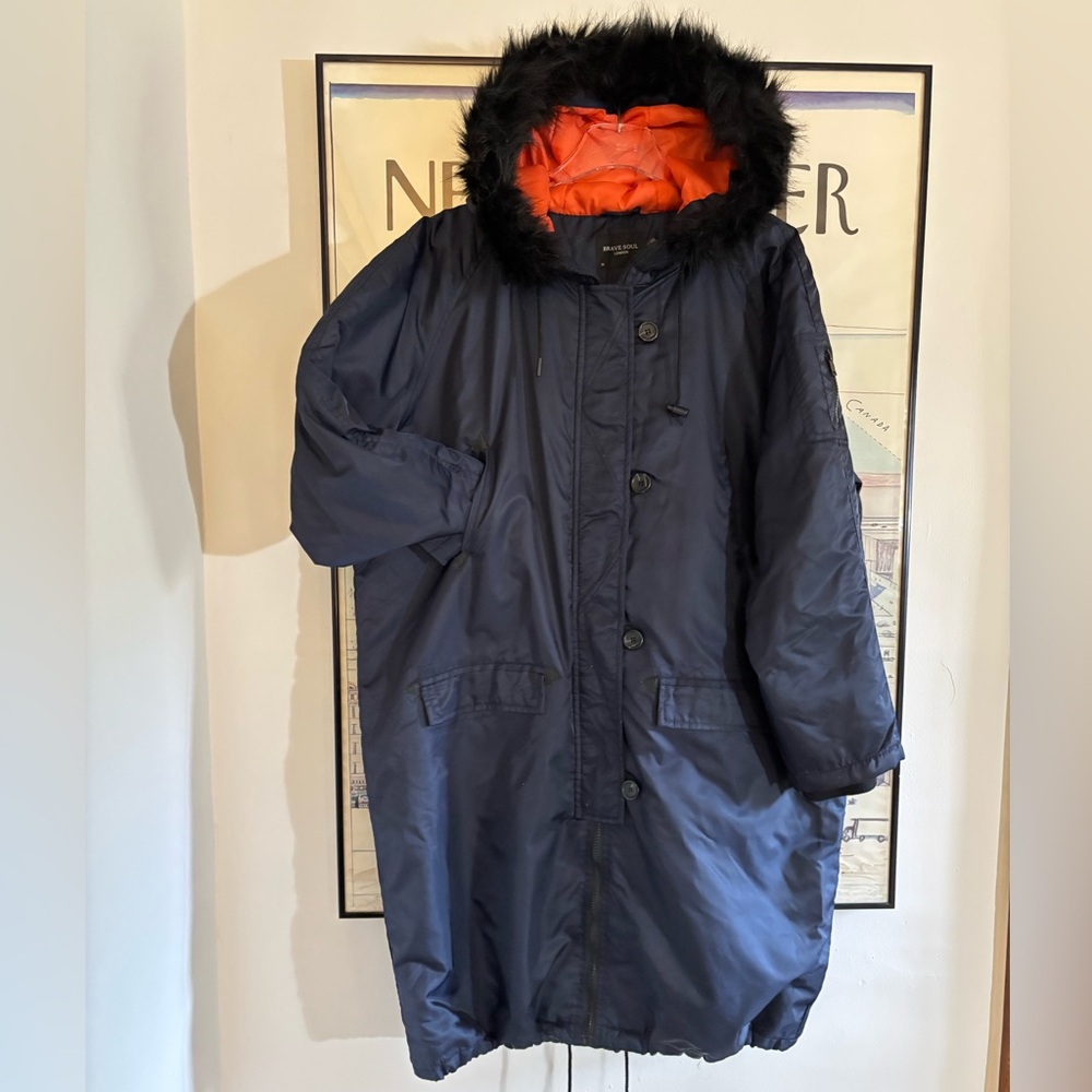Brave Soul London navy nylon coat with hood fur trimmed lots of pockets XL